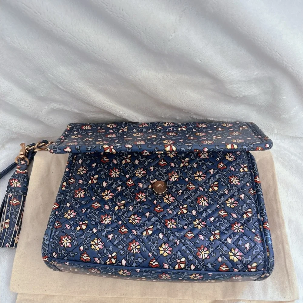 Tory Burch Navy Floral Quilted Crossbody Bag with Gold Chain